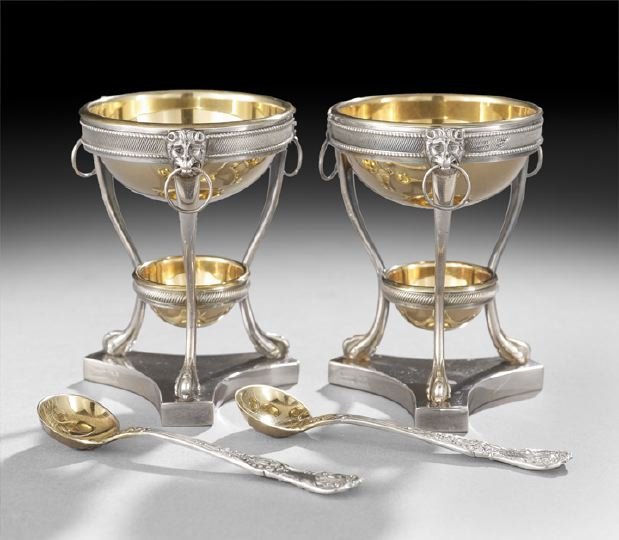 Pair of Italian Tiffany Sterling Salt Cellars: Good Pair of Italian Tiffany & Co. Sterling Silver Salt Cellars, second half 20th century, in the neoclassical taste, each in the form of a Roman brazier, with a circular gadrooned frame raised on thr