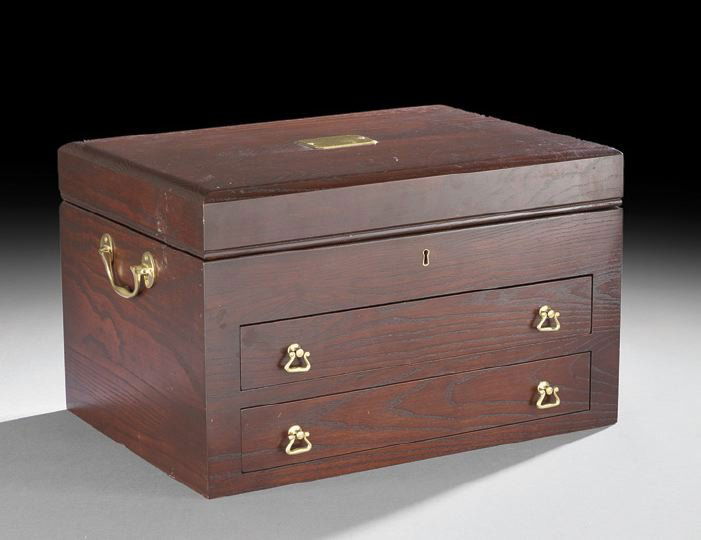 George III-Style Stained Oak Flatware Chest: George III-Style Stained Oak Lift-Top Flatware Chest, the interior bearing the label of "Reed and Barton", the case fitted with two additional drawers and brass bail handles on the ends, h. 12", w. 21
