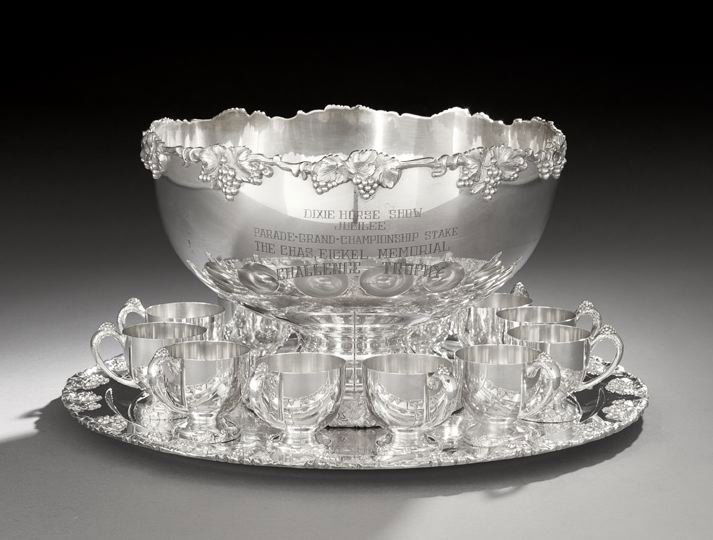 14 Piece American Silverplate Punch Service: Fourteen Piece American Silverplate Presentation Punch Service, mid-20th century, by the Crescent Silverware Mfg. Co., including a hemispherical punch bowl, h. 10", dia. 15", a circular platter, dia.