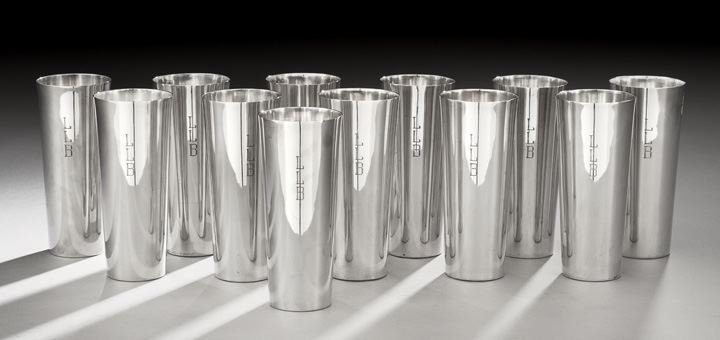 Set of Twelve Mexican Sterling Tall Beakers: Set of Twelve Mexican Sterling Silver Tall Beakers, third quarter 20th century, by Louvre, Mexico City, each of plain, slightly tapering cylindrical form, h. 6-5/8", dia. 2-3/4", 91.56 total t. oz.