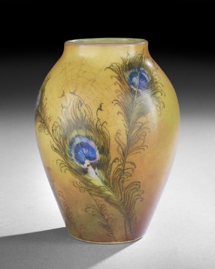 Continental Art Glass Vase: Continental Art Glass Vase, ca. 1900, the vase blown in heavy opaline glass and enameled with spider webs and peacock feathers, h. 8".