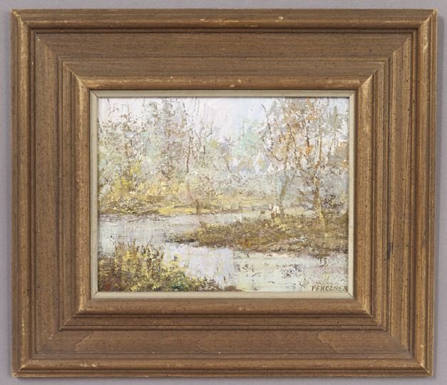 Paul J. Penczner (American/Tennessee, b. 1916): Paul Joseph Penczner (American/Tennessee, b. 1916), "Autumnal Wooded Landscape", oil on board, signed lower left "Penczner", 8" x 10". Presented in a molded, stained wood frame.
