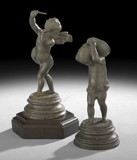 After Michel Claude Clodion (French, 1738-1814): After Michel Claude Clodion (French, 1738-1814), diminutive pair of patinated bronze figures, one depicting a young boy carrying a kettle over his shoulders, the other of a girl dancing and playing mu