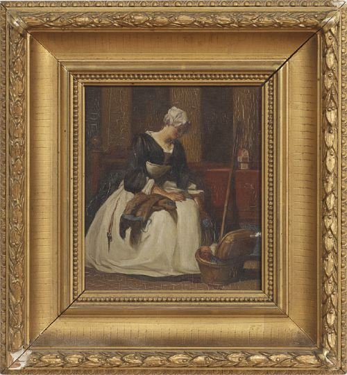 Follower of J.-B.-S. Chardin (French, 1699-1779): Follower of Jean-Baptiste-Simeon Chardin (French, 1699-1779), "Seamstress", oil on panel, unsigned, 7-3/4" x 6-1/2". Presented in a giltwood and gesso frame.
