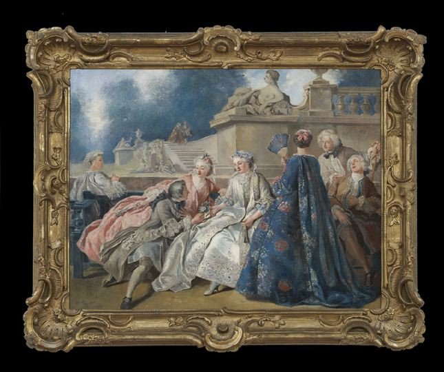 Follower of Francois Boucher (French, 1703-1770): Follower of Francois Boucher (French, 1703-1770), "Garden Courtship Scene", oil on canvas, signed and dated lower left "Victoria DeTroye 1881", 29" x 36". Presented in a giltwood, molded Louis XV-styl