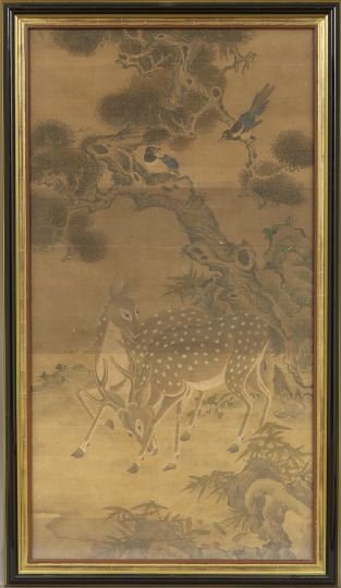 Good Framed Chinese Scroll Painting: Good Framed Chinese Scroll Painting, 18th century, painted in ink and colors on silk, depicting two Sika deer beneath a gnarled tree with two birds perched in its branches, the tree growing from rockw