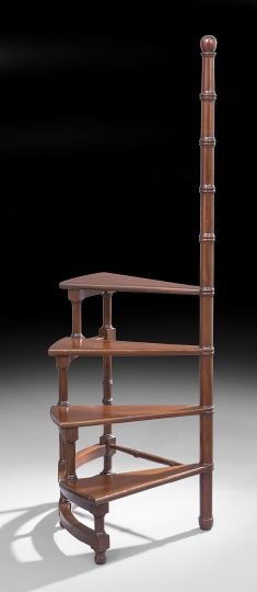 Regency-Style Mahogany Library Steps: Regency-Style Mahogany Library Steps, fitted with four triangular spiraling rungs, raised on block and ball feet and supported by a bamboo-turned upright, h. 65-1/2".