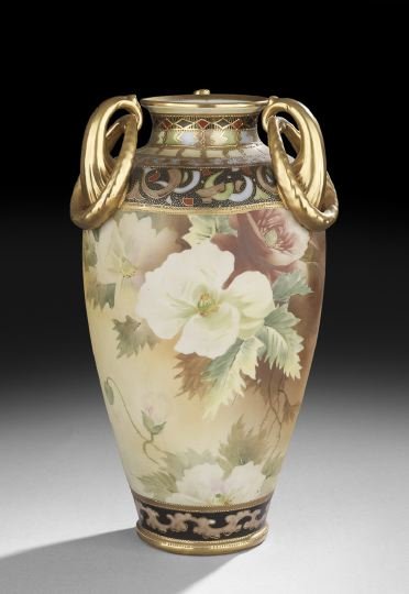Impressive Nippon Vase: Impressive Nippon Vase, ca. 1911-1921, the vase decorated with hand painted flowers and leaves, bordered with oriental inspired characters and trimmed with raised gilt, with gilt "C" scroll handles su