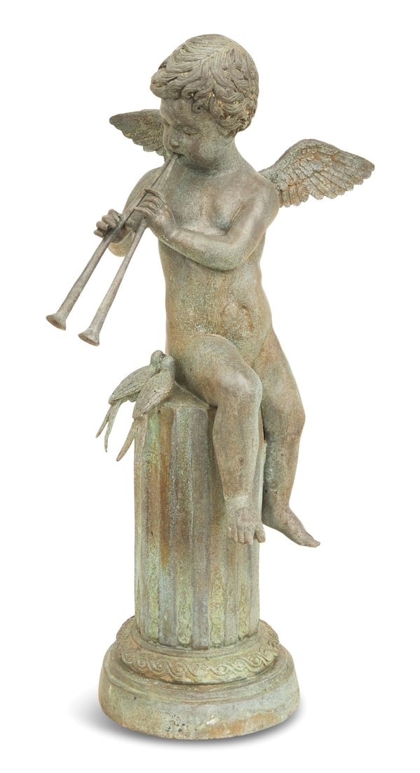 French Bronze Garden Figure of a Cherub: French Bronze Garden Figure of a Cherub Playing an Aulos after Mathurin Moreau (French, 1822-1912), the cherub perched atop a half column with molded stop-fluting, a pair of lovebirds beside him. h. 4