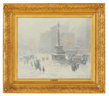 Guy Carleton Wiggins, N.A., (American, 1883-1962): Guy Carleton Wiggins, N.A. (American, 1883-1962) "Columbus Circle, New York", ca. 1915-1920 oil on canvas. signed lower left, verso affixed with "Godel & Co. Fine Art, New York, New York" label. Frame