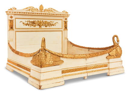 Impresseive Neoclassical-Style Parcel-Gilt Bed: Impressive Italian Neoclassical-Style Creme-Peinte and Parcel-Gilt Bed 20th century, the headboard with a scrolled and foliate-carved crest centered with a leaf- and ribbon-carved cartouche, above a f