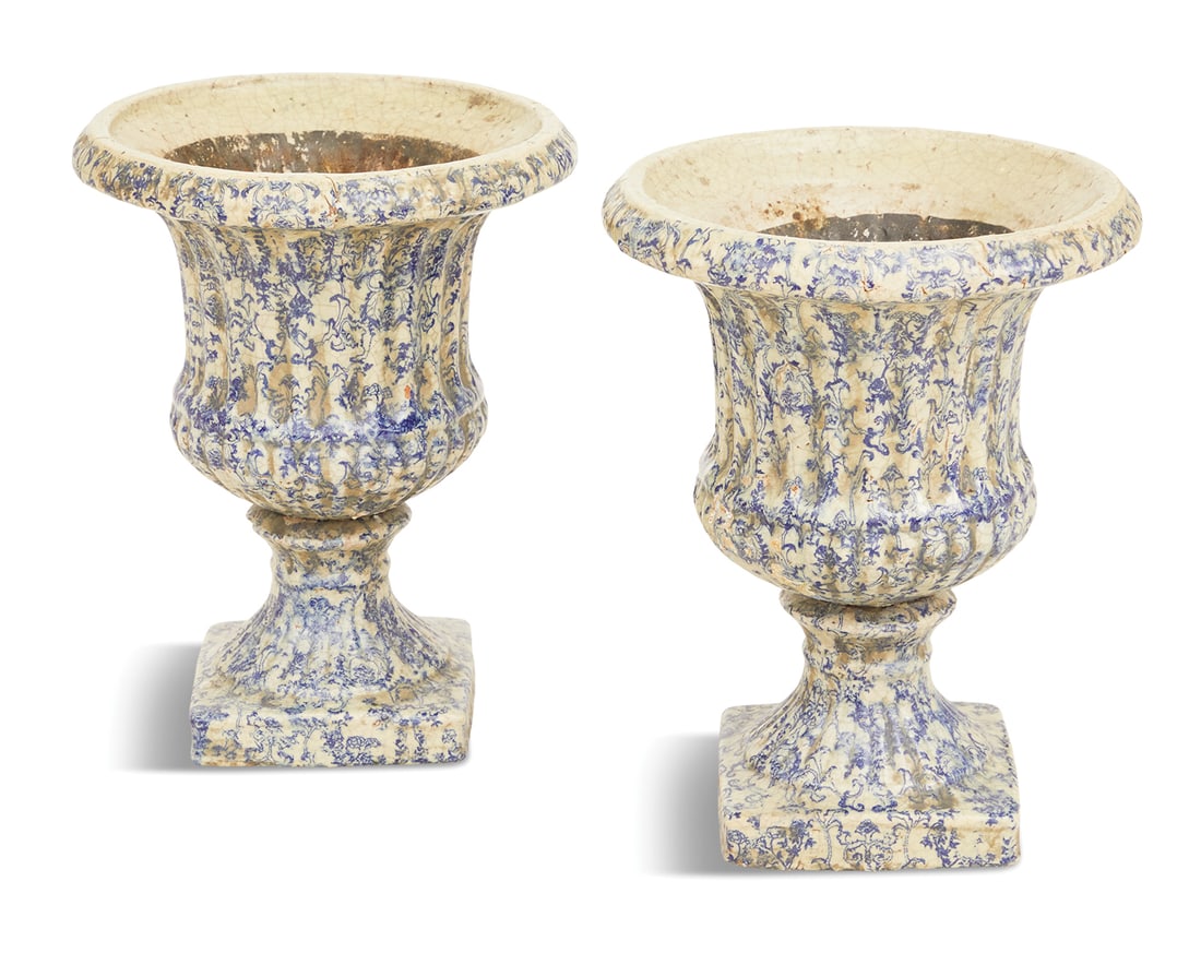 Pair of Unusual Glazed Pottery Campana-Form Urns (1 of 3)