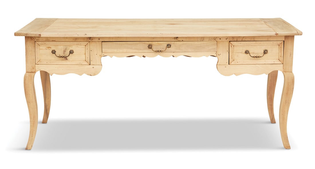 Louis XV-Style Provincial Bleached Fruitwood Desk: Louis XV-Style Provincial Bleached Fruitwood Desk 19th century, the rectangular top above a frieze fitted with a central drawer flanked to either side by a short, deeper drawer, raised on cabriole leg
