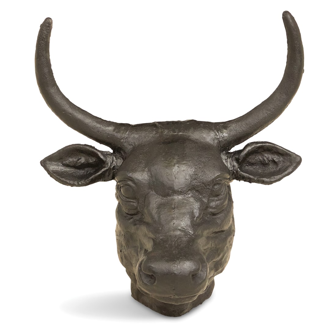 Cast Iron Bull's Head: Cast Iron Bull's Head in the manner of signs used by French boucheries, realistically modeled, with hardware for hanging. h. 19", w. 19", d. 14"