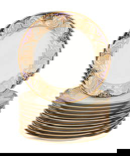 Twelve Copeland Spode Porcelain Dinner Plates: Set of Twelve Copeland Spode Porcelain Dinner Plates ca. 1891-1900, the borders with a cobalt ground, decorated with gilt scrollwork urns alternating with fan-shaped gilt leaves on a white ground. dia