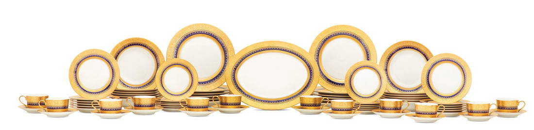 Faberge "Imperial Heritage" Dinner Service: Faberge "Imperial Heritage" Partial Dinner Service 20th century, in the Russian taste, the service with cobalt borders and raised gilt decoration, comprised of twelve dinner plates, dia. 10-3/4", twel