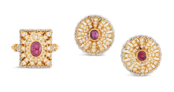 Buccellati Ruby and Diamond Jewelry Suite: Buccellati Ruby and Diamond Jewelry Suite 18k yellow gold, the earrings and ring mounted with oval-cut rubies weighing approximately 1.75 carats in total, accented by round brilliant-cut diamonds weig