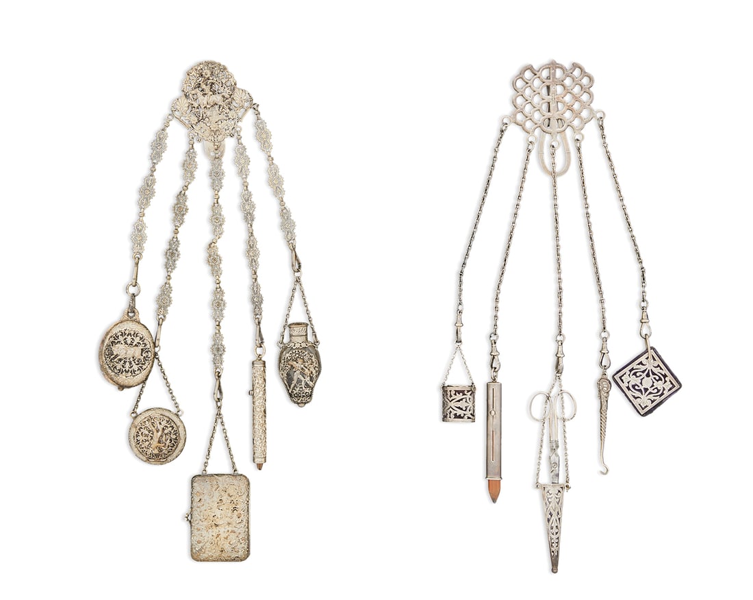 Two Vintage Chatelaines: Two Vintage Chatelaines early 20th century, including: An Edwardian Sterling Silver example, the openwork imbricate belt clip hallmarked London, 1900-1901, by John Tiley, suspending five graduated rol