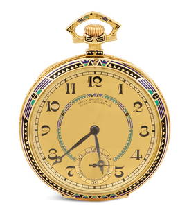 Fine Patek Philippe Enamel Pocket Watch: Fine Patek Philippe Enamel Pocket Watch 18k yellow gold, ca. 1920s, the 45.70mm case and bow decorated with enamel in an Egyptian motif, serial number 197,372, signed "Patek Philippe & Co. Geneva Swit