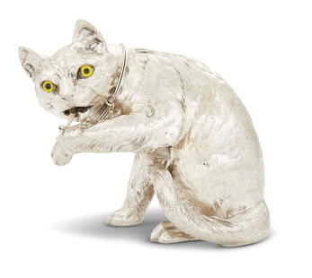 German Novelty "Cat" Silver Cocktail Shaker: German Novelty "Cat" Sterling Silver Cocktail Shaker contemporary, in the form of a realistically detailed seated cat cleaning its fur, its mouth a faux spout fitted with a chained "stopper" of a fish