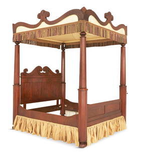 American Late Classical Four-Post Canopy Bed: American Late Classical Mahogany Four-Post Canopy Bed mid-19th century, with an unusual crested and upholstered canopy supported by tapered, octagonal posts, the paneled headboard with a large, scroll