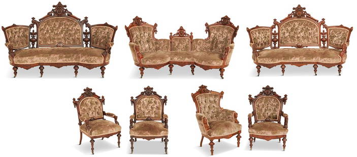 American Renaissance Revival Walnut Parlor Suite: Seven-Piece American Renaissance Revival Walnut Parlor Suite third quarter 19th century, attributed to John Jelliff, Newark, New Jersey, consisting of a pair of sofas, each with a central carved portr