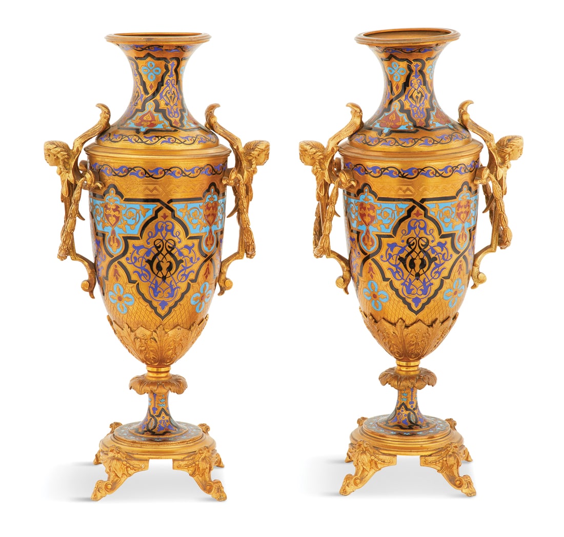 Pair of French Enamel-Decorated Gilt-Bronze Urns (1 of 5)