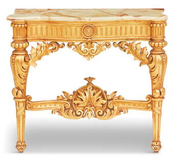 Louis XVI-Style Onyx-Top Console Table: Louis XVI-Style Giltwood and Onyx-Top Console Table early 20th century, the shaped onyx top above a conforming molded frame with groove-carved aprons, raised on turned and carved legs with foliate det