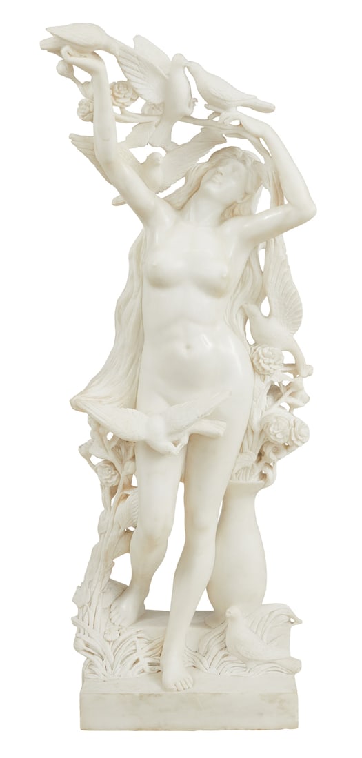 Large Marble Sculpture of a Maiden: Large, Exuberantly Carved Marble Sculpture of a Maiden 20th century, in the Art Nouveau style, the long-tressed nude leaning against a bloom-filled vase, surrounded by foliage and lovebirds. h. 72", w
