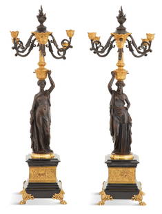 Pair of French Bronze and Marble Candelabra: Pair of French Bronze and Marble Figural Candelabra third quarter 19th century, after Louis Valentin Elias Robert (French, 1821-1874), in the Neo-Grec taste, with flame finials and patine arms set wit