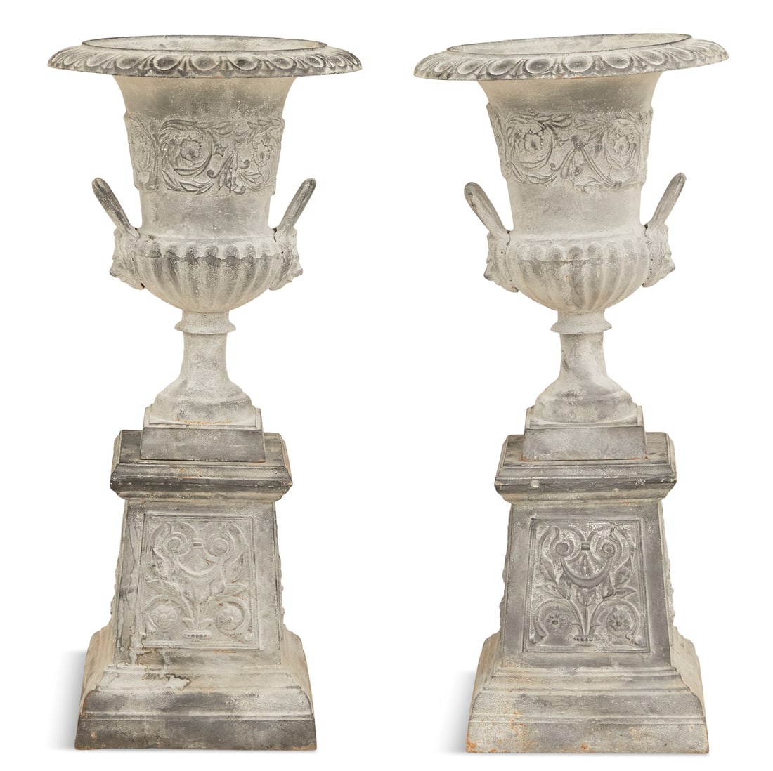 Pair of Patinated Cast Iron Urns on Pedestals (1 of 2)