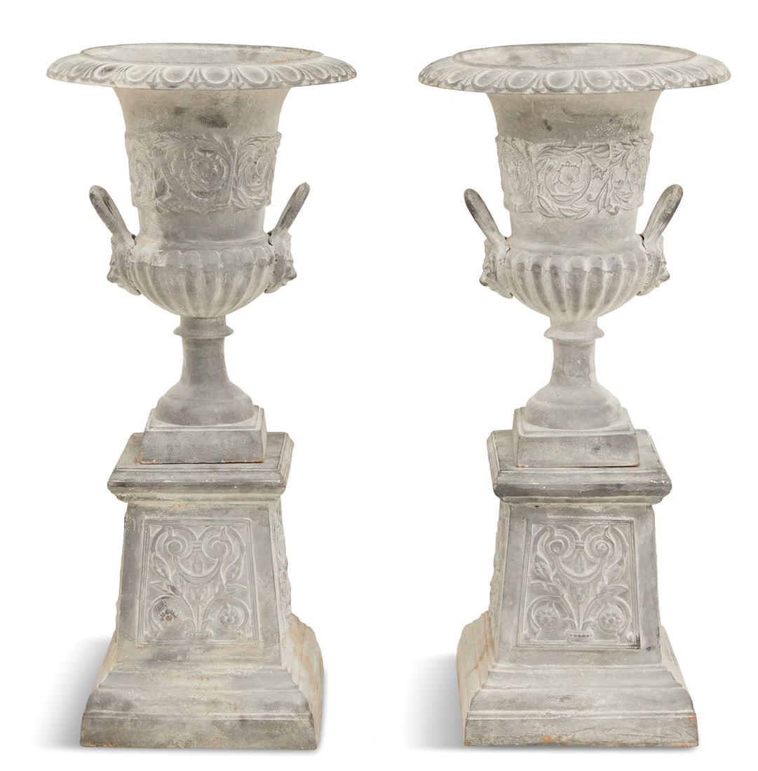 Pair of Patinated Cast Iron Urns on Pedestals (1 of 2)