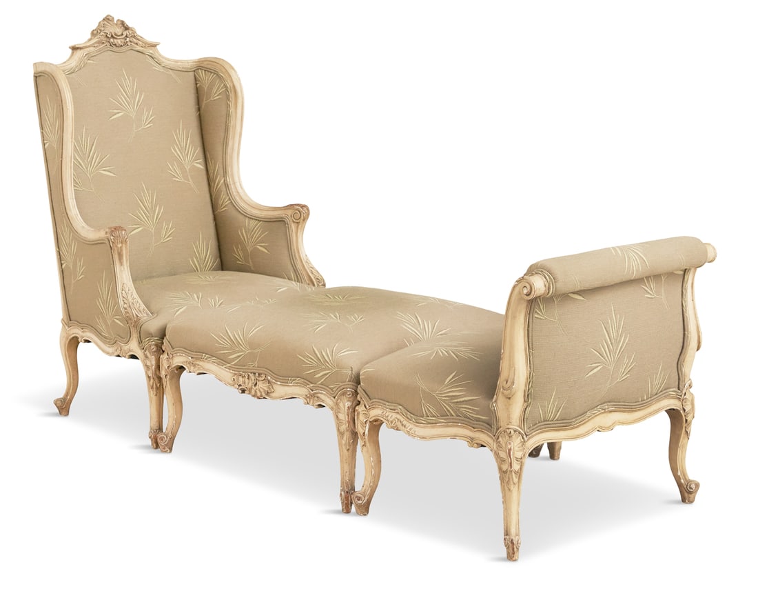 Louis XV-Style Creme-Peinte Duchesse Brisee: Louis XV-Style Creme-Peinte Duchesse Brisee 20th century, the chair with a domed back surmounted by a shell crest, joined by shaped sides and closed arms to the padded seat, the center concave section