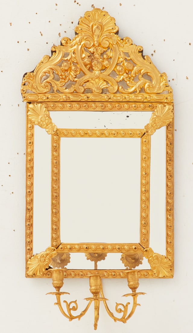 Small Gilt-Brass Girandole Mirror: Small Gilt-Brass Girandole Mirror in the Baroque Taste fourth quarter 19th century, the pedimented crest decorated with scrollwork, shells and flower heads, the cushion-form mirror set with beveled mi