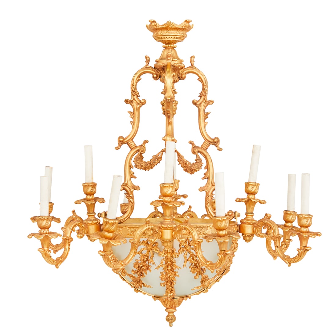 French Gilt-Bronze and Frosted Glass Chandelier: French Gilt-Bronze and Frosted Glass Chandelier in the Rococo Taste 20th century, the thirteen-light chandelier with a scroll-molded frame decorated with swags of flowers, supporting a lower bronze-fr