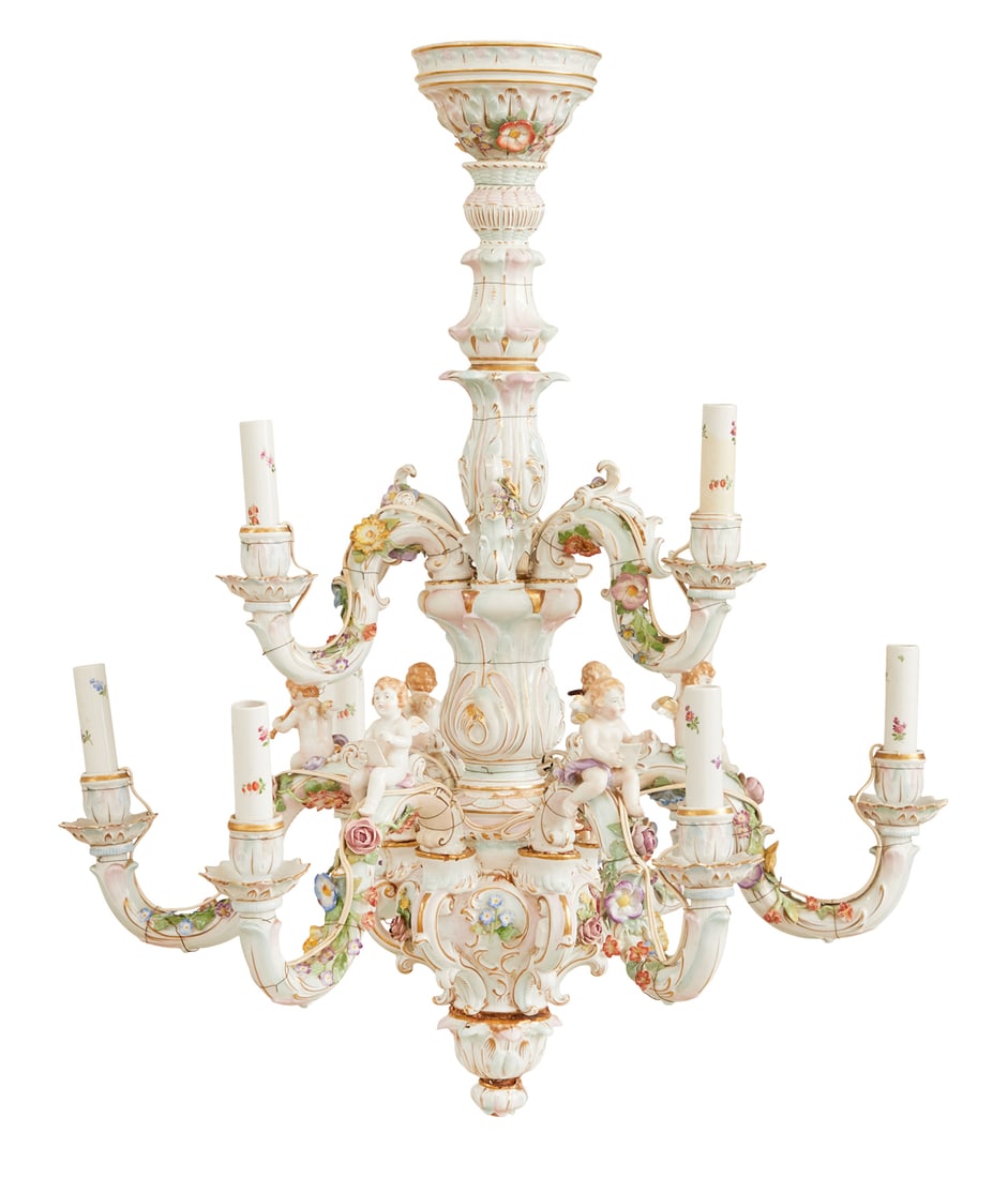 Dresden Porcelain Nine-Light Chandelier: Dresden Porcelain Nine-Light Chandelier second quarter 20th century, unmarked, German, in the rococo taste, shaded pink and green, with gilt-edged scrollwork, the lower arms with putti playing instrum