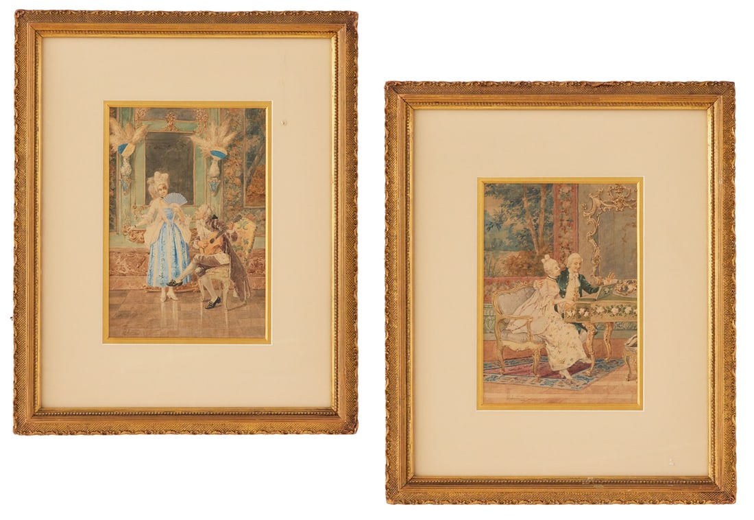 Aurelio Roberti (Italian, 1842-1915): † Aurelio Roberti(Italian, 1842-1915)"The Serenade" and "At the Piano"pair of watercolors on papereach signed lower left.Matted, glazed and framed.sight 10" x 7", frame
