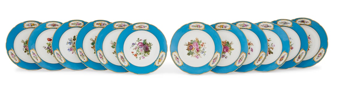 Twelve French Sevres-Style Porcelain Plates: Set of Twelve French Sevres-Style Porcelain Plates 19th century, the borders with a blue ground, decorated with vibrant hand-painted botanicals and gilt surrounds, each with a "Chateau Des Tuileries" 