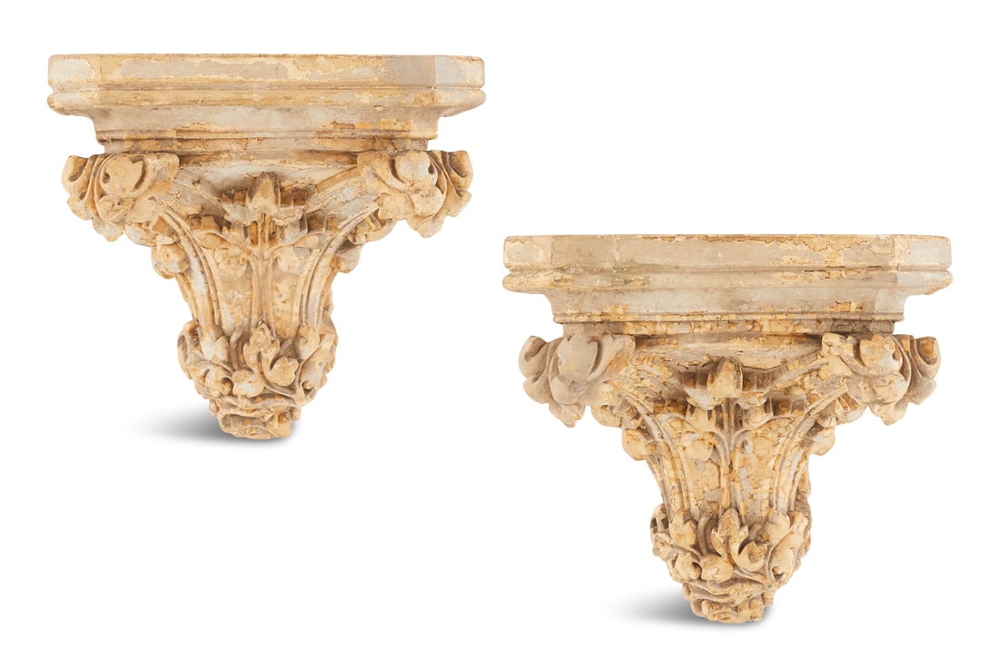 Pair of Plaster Brackets in the Gothic Taste: Pair of Molded Plaster Brackets in the Gothic Tastefourth quarter 19th century, English or French, the rectangular shelves supported by capitals molded with acanthus leaves and grapes, the shelves res