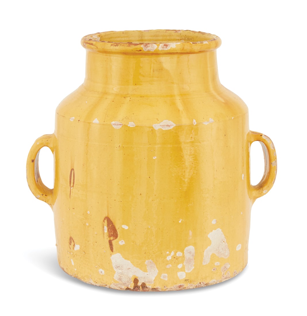 French Terracotta Dairy Pail: French Terracotta Dairy Pail 19th/20th century, the amber-glazed pail of traditional form with a turned rim, sloped shoulders and handles applied to each side. h. 18-1/2", w. 15-1/2", d. 11-