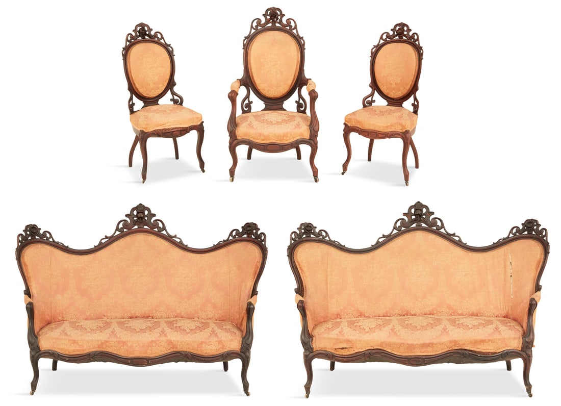 Five-Piece Rococo Revival Rosewood Parlor Suite: Five-Piece American Rococo Revival Laminated Rosewood Parlor Suitethird quarter 19th century, New York, in the pattern referred to as "A-Rose" or "Single Rose", consisting of a pair of settees, h. 46"