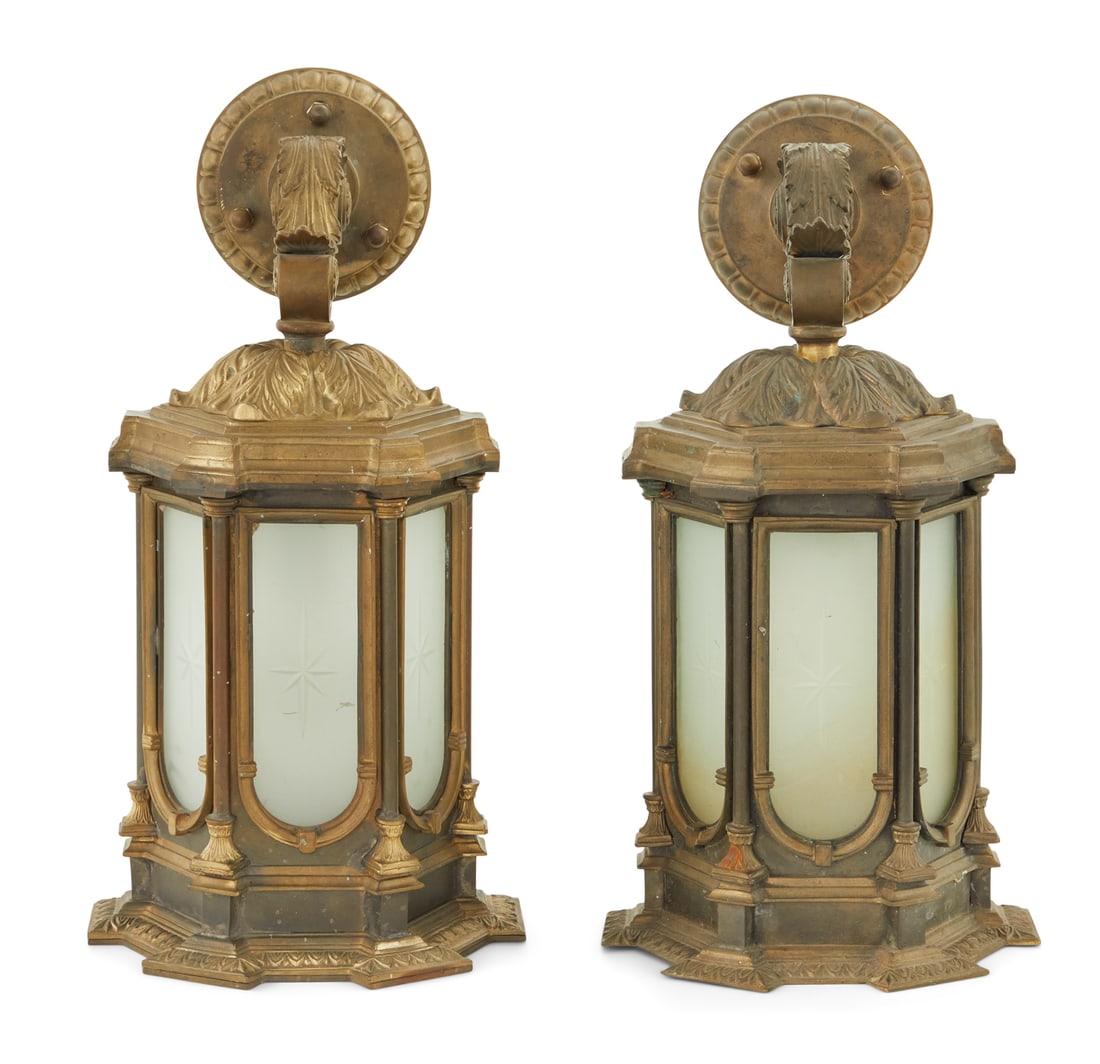 Pair of Classical Revival Bronze & Glass Lanterns (1 of 1)