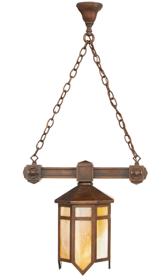 Arts & Crafts Copper and Slag Glass Pendant Light (1 of 1)