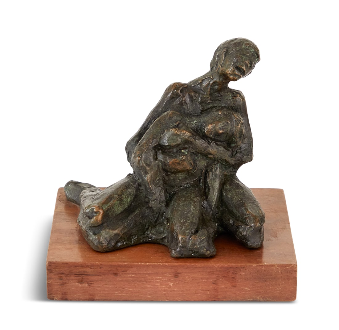 Victor Salmones, (Mexican, 1937-1989): Victor Salmones (Mexican, 1937-1989) "Grief" patinated bronze cast signature along proper left side, on a wood base. h. 6-7/8", w. 7-3/4", d. 6-3/8"