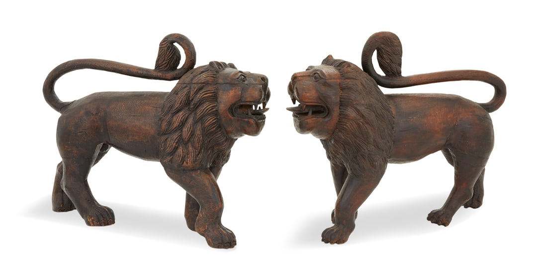 Pair of Carved Wooden Lions (1 of 2)