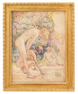 Ellsworth Woodward (US/Louisiana, 1861-1939): Ellsworth Woodward(American/Louisiana, 1861-1939)"Three Nymphs Amused by a Frog"watercolor and graphite on paperinitialed "E.W." lower left.Glazed and framed.sight 18-1/4" x 1