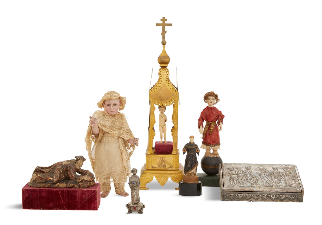 Collection of Seven Religious Objects: Collection of Seven Religious Objects including a carved bone Salvator Mundi, 17th/18th century, on a later brass altar, h. 19", w. 5-1/2", d. 5", a carving of Jesus Christ on his way t