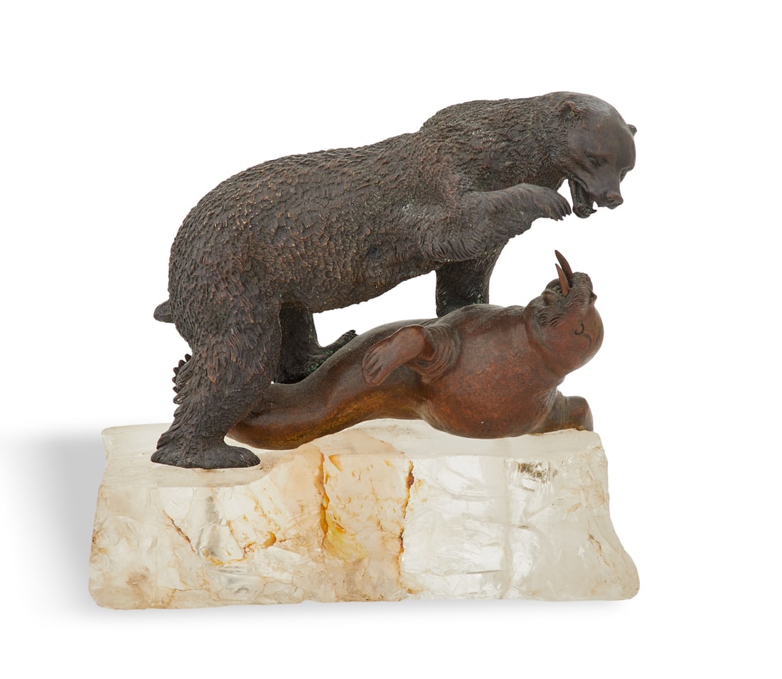 Russian Patinated-Bronze Figure on Stand: Russian Patinated Bronze and Rock Crystal Figurefirst quarter 20th century, in the style of the Grachev brothers (Vasily Yacovlevitch Grachev/St. Petersburg, 1831-1905), the figure of a fighting polar