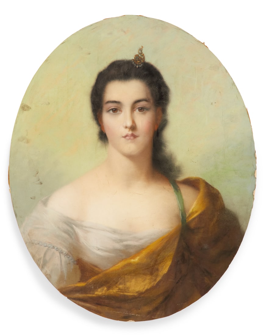 James Champney (American, 1843-1903): James Wells Champney(American, 1843-1903)"Portrait of a Young Woman", 1896pastel on paper boardsigned and dated mid right.Framed.27" x 22" oval, framed 36" x 31"