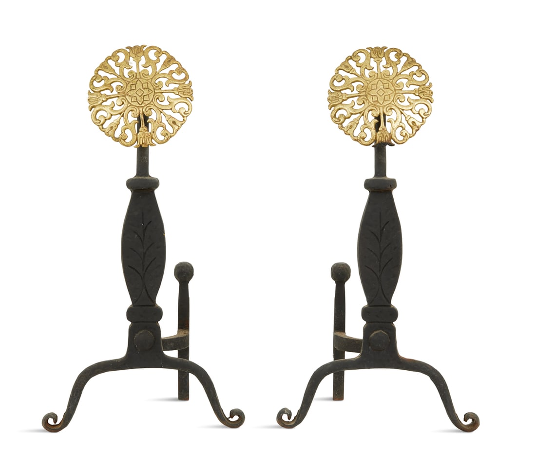 Brass and Iron "Sunflower" Andirons: Pair of Brass and Iron "Sunflower" Andirons 20th century, the brass "sunflowers" marked on the rear by Virginia Metalcrafters, on cast iron standards incised with leaves and scroll